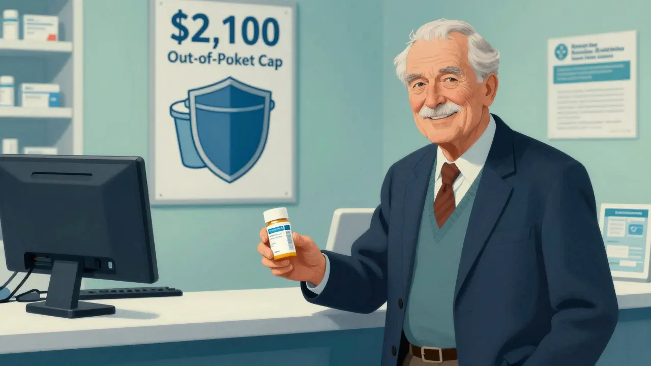 Senior smiling at pharmacy counter with medication cap benefits