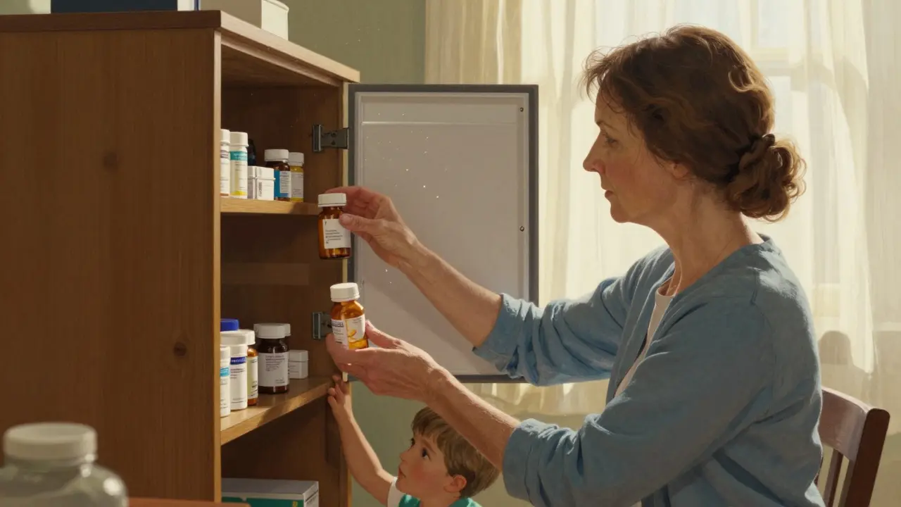 Woman storing medication safely away from children