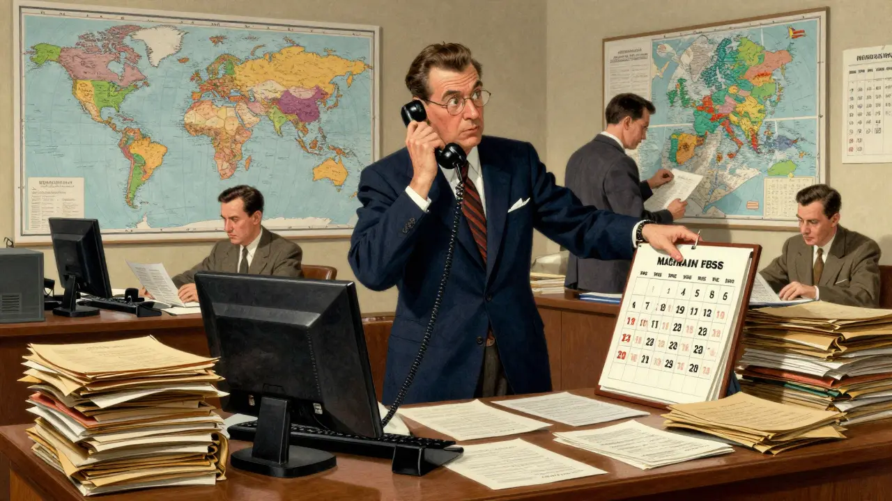 Clerk managing global patent deadlines and maps