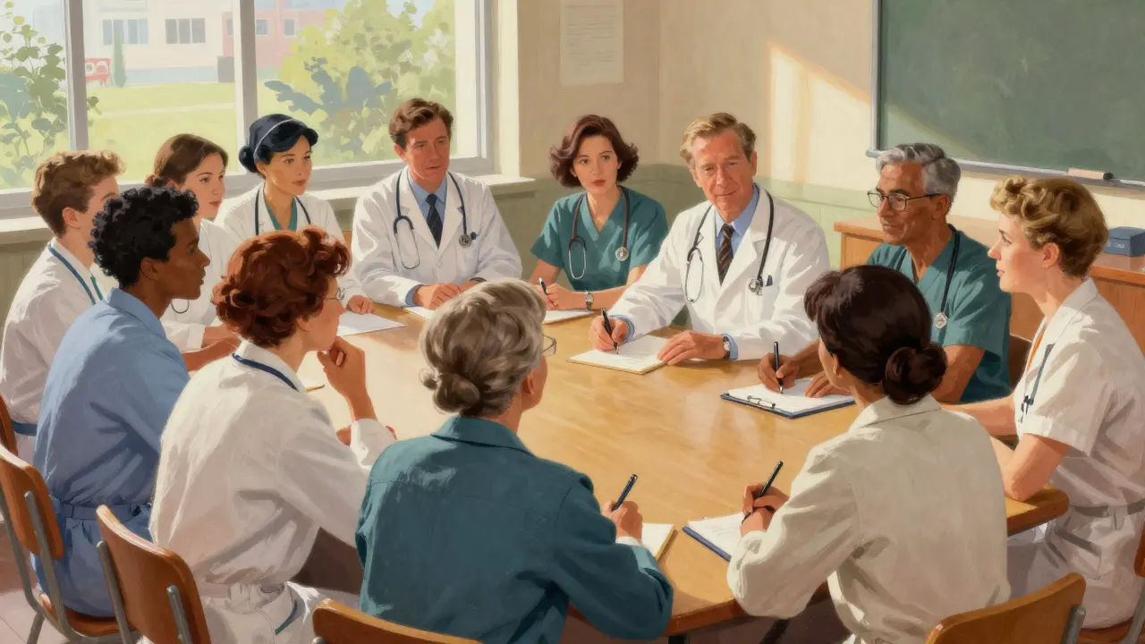 Diverse medical team participating in an empathetic communication training workshop
