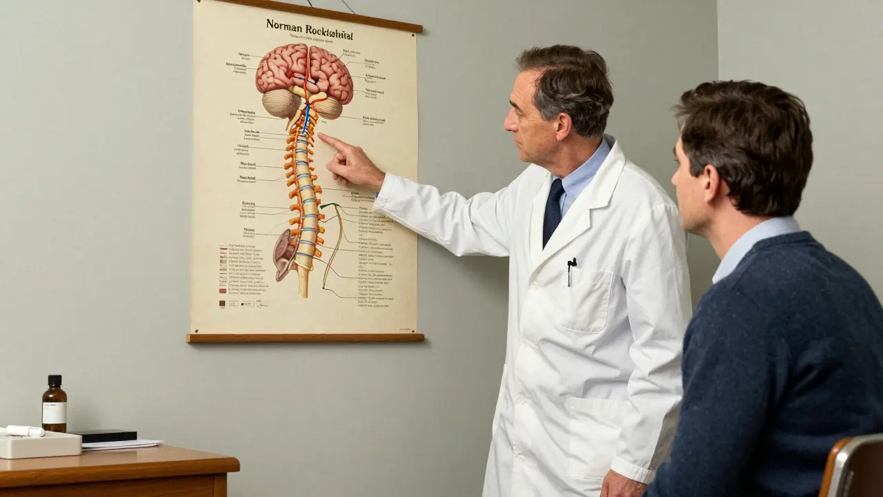Doctor explaining RLS treatment shift to patient, Norman Rockwell style