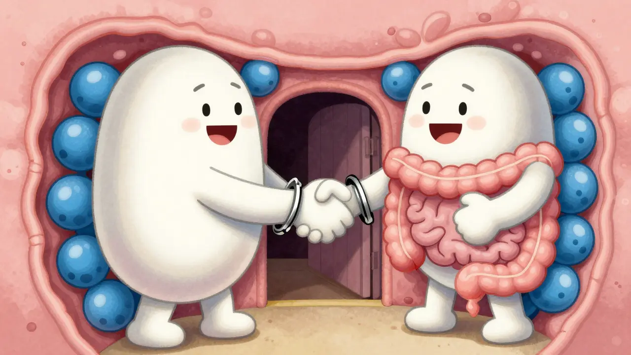 Illustration of calcium molecules binding to antibiotics in the gut.