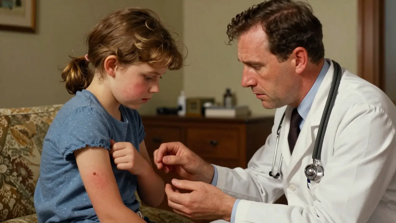 Mother and doctor examining a child's sudden rash in a home setting.