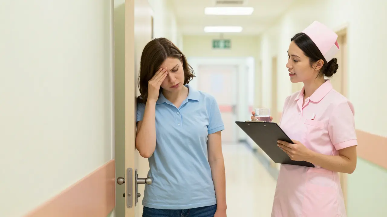 Nurse reassuring a dizzy patient experiencing a manageable side effect.