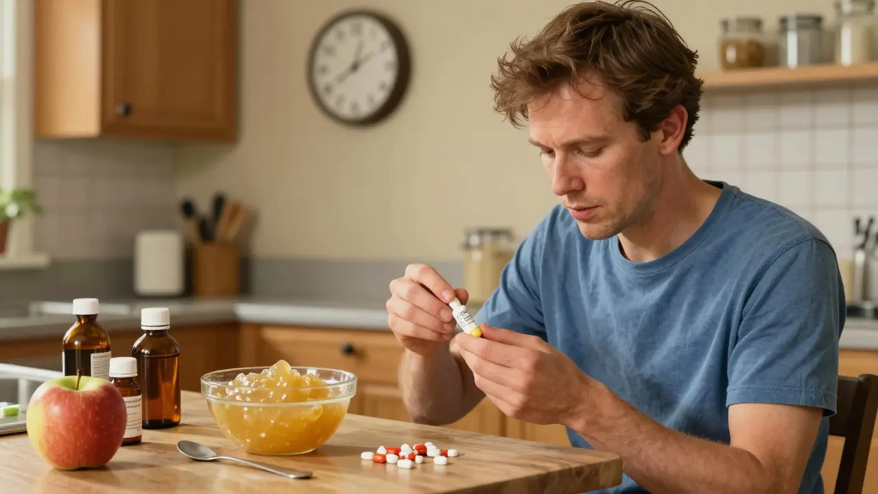 Patient mixing crushed pills with applesauce in kitchen