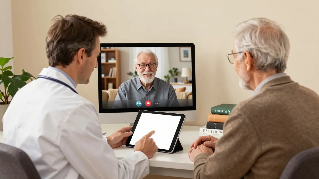 Physician conducting a warm telehealth consultation with an elderly patient