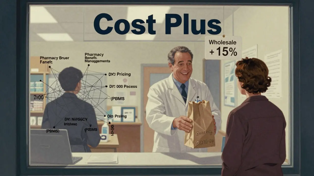 Transparent pharmacy store contrasting with opaque PBM web