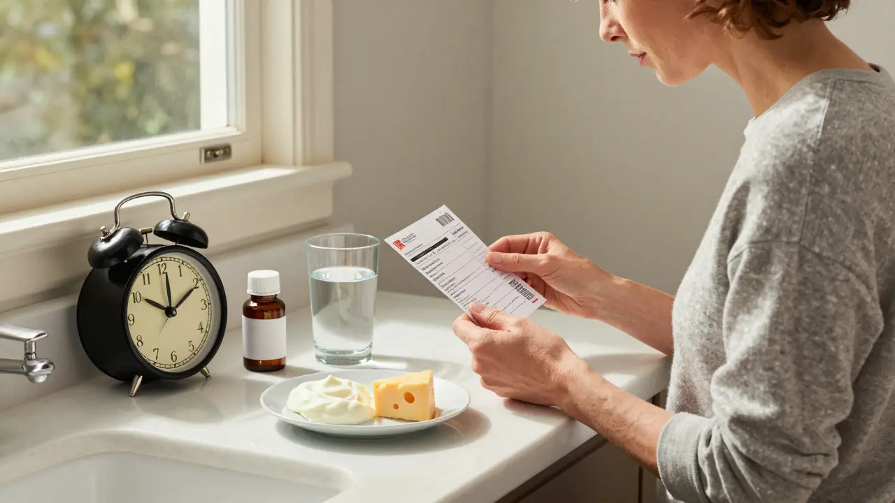 Woman organizing medication and dairy foods separately on a bathroom counter.