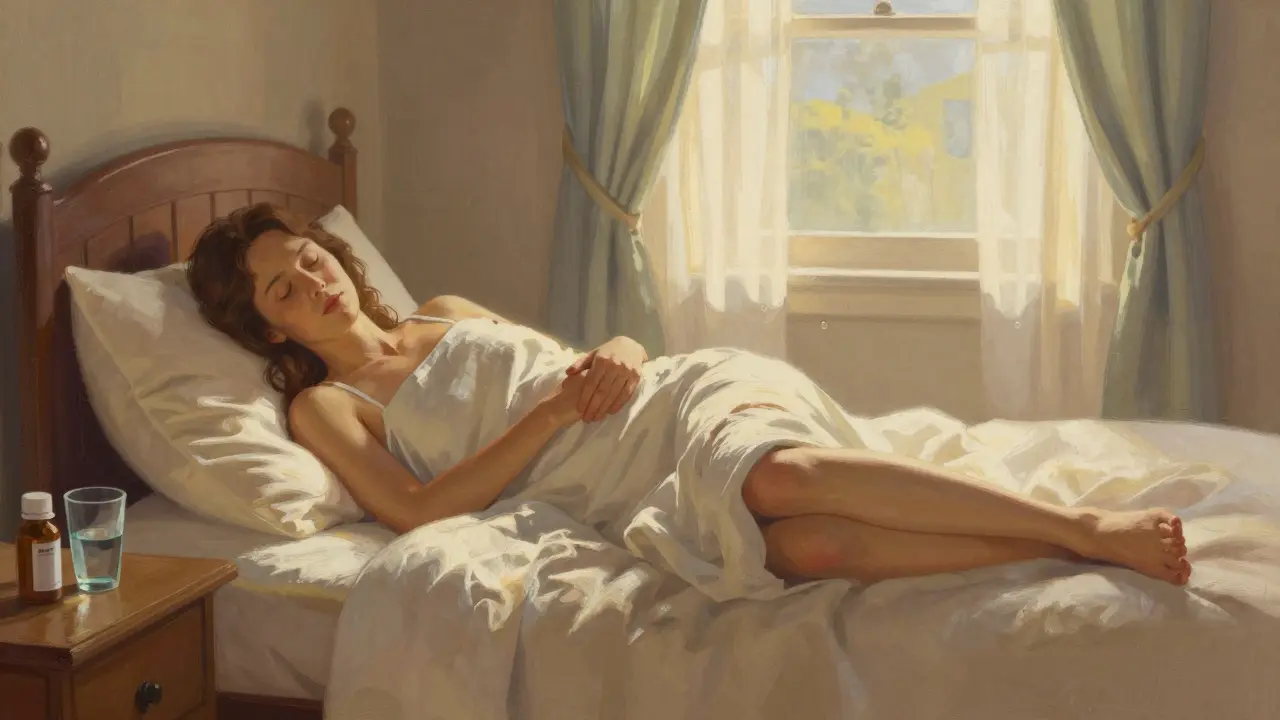 Woman sleeping peacefully after RLS treatment, Norman Rockwell style