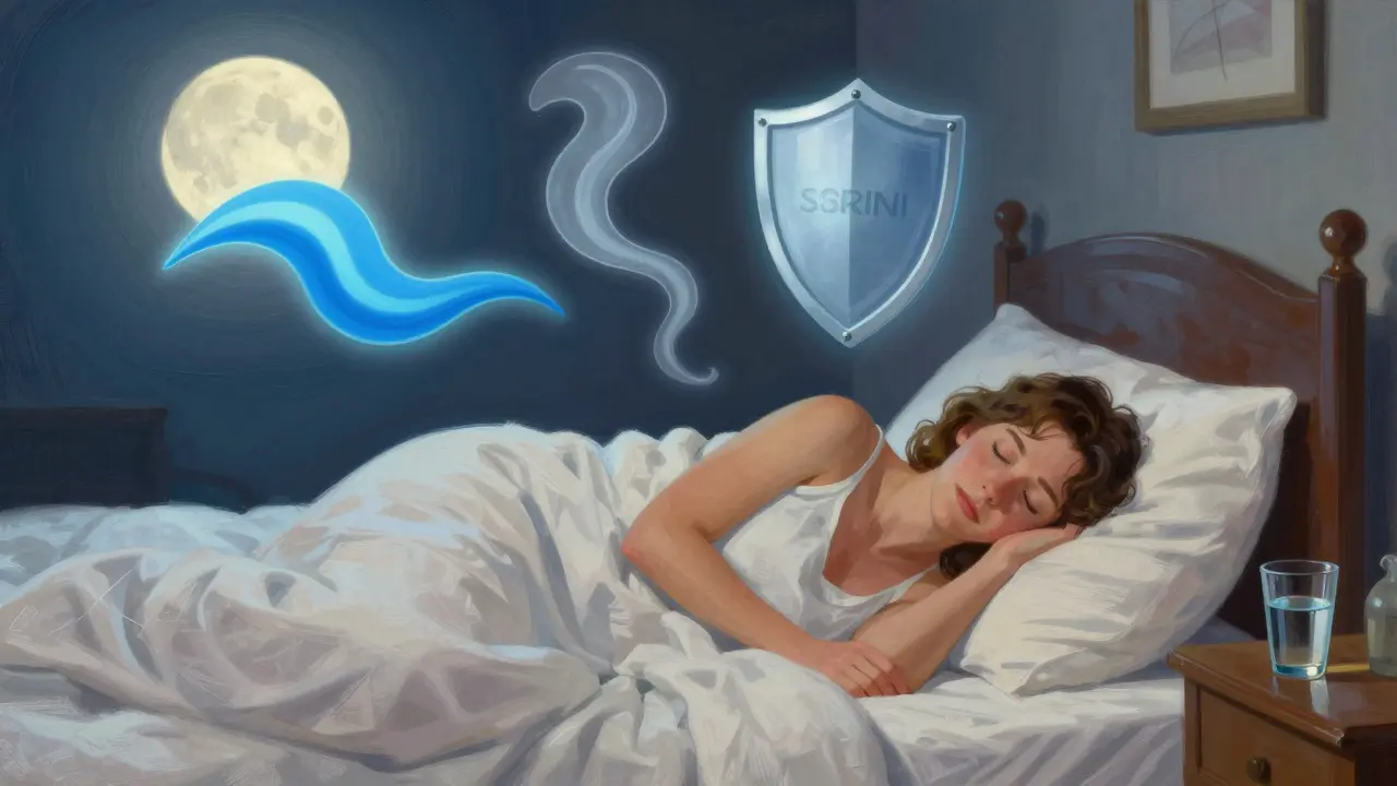 Woman sleeping peacefully with symbolic non-hormonal treatments