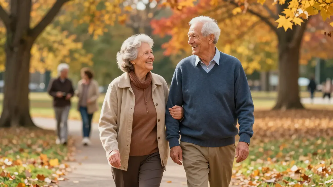 Active senior couple walking happily in an autumn park, symbolizing health.