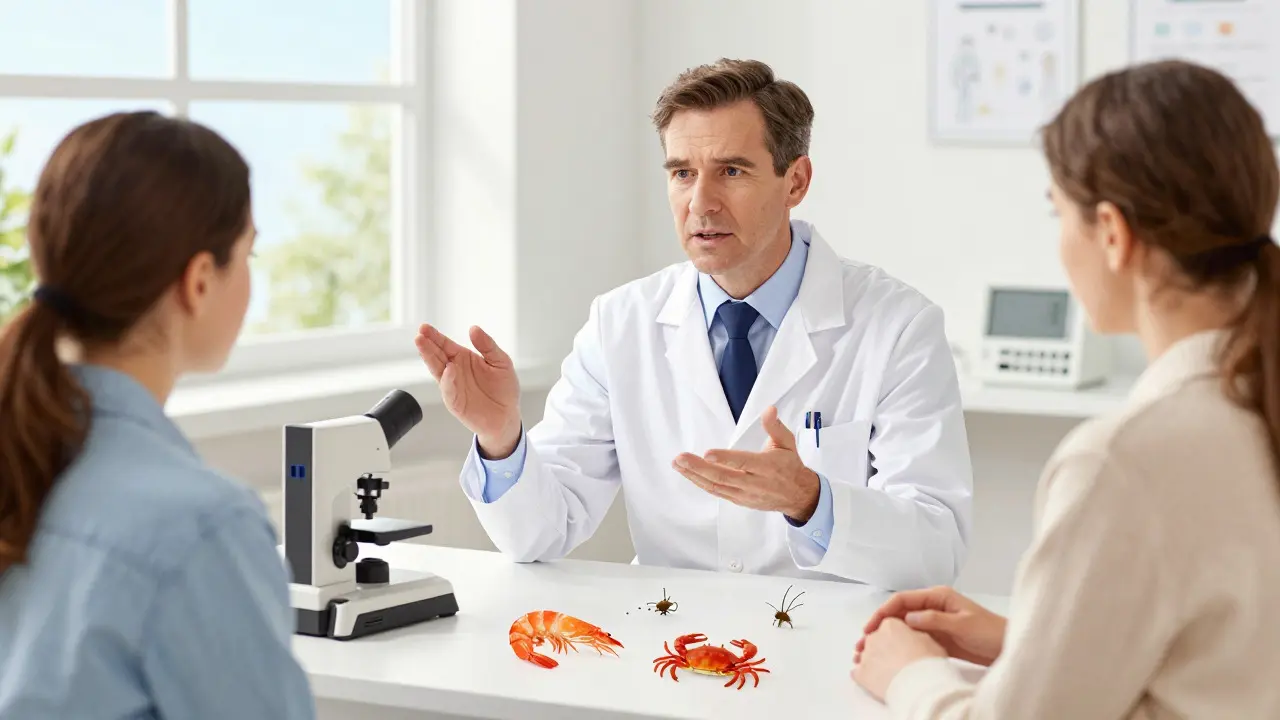 Allergist explaining cross-reactivity to patient with visual aids