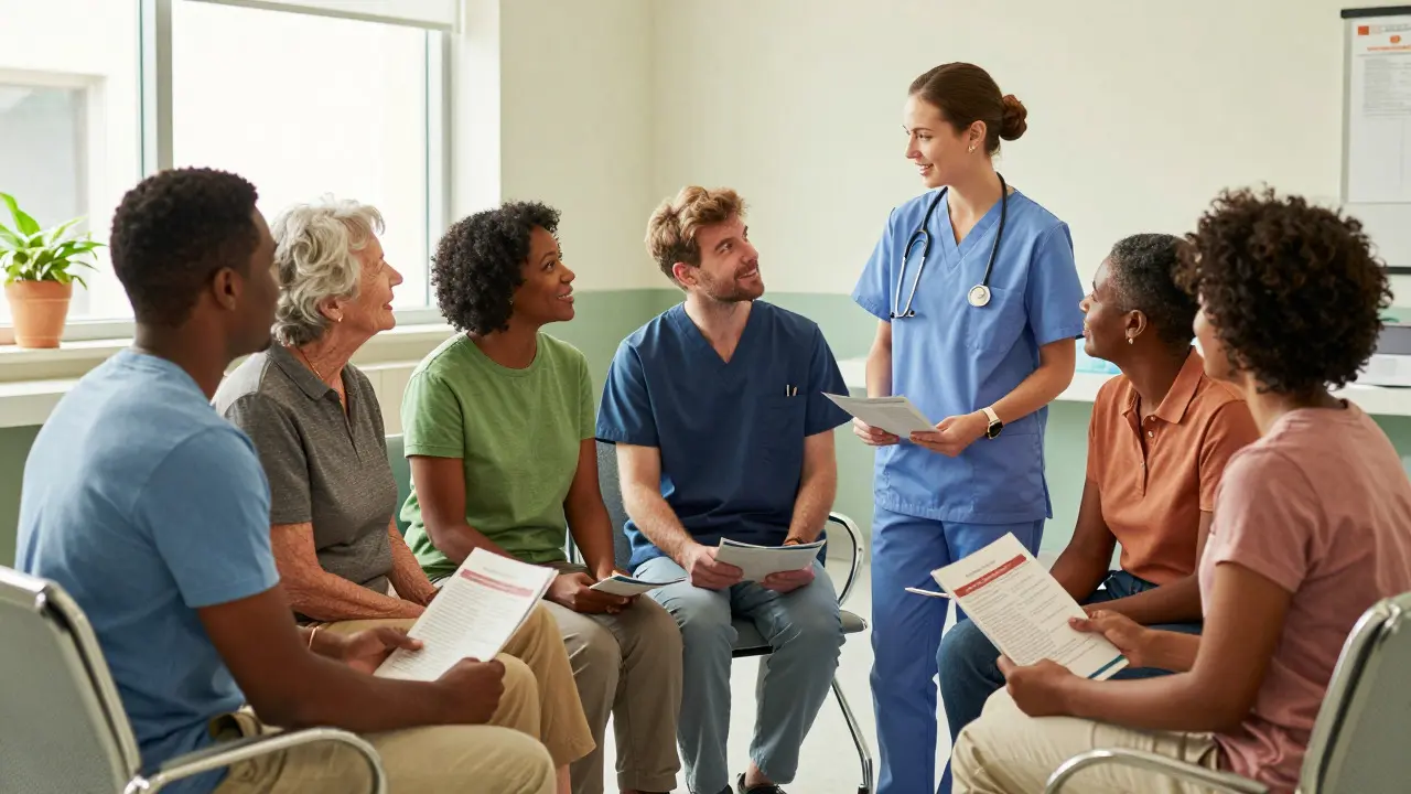 Diverse group discussing hepatitis C treatment access in clinic