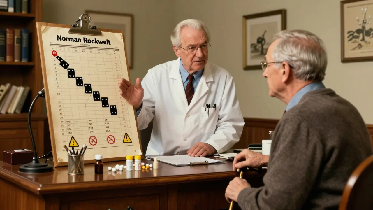 Doctor explaining medication risks to an elderly patient in a warm office.
