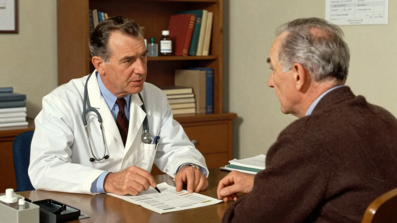 Doctor explaining medication tier costs to a veteran in a cozy office consultation.