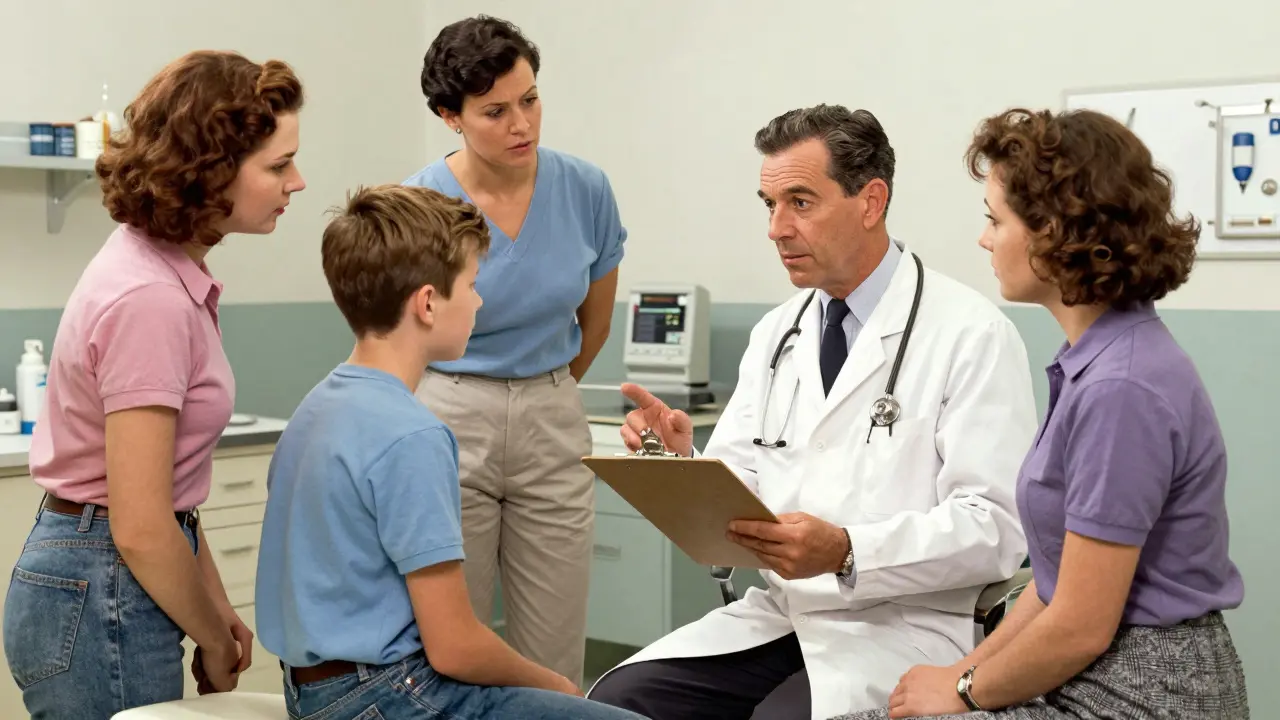 Doctor explaining treatment risks to a teen and his parents in an office.