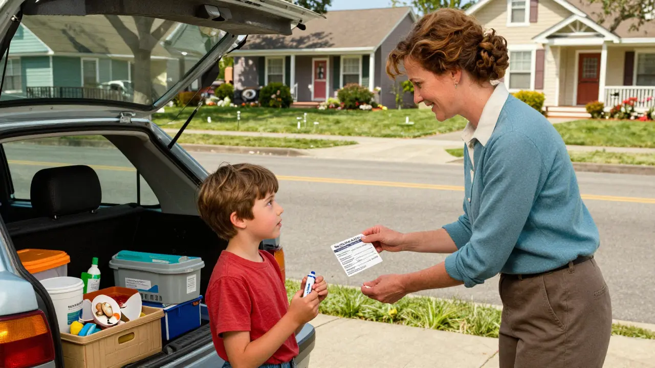 Family preparing allergy cards and epinephrine before dining out