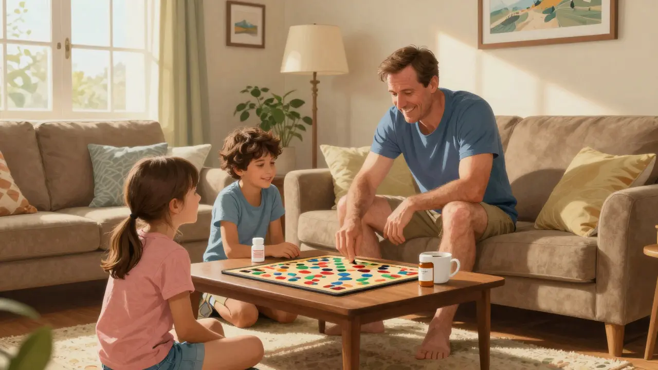 Happy family playing games, symbolizing relief from illness