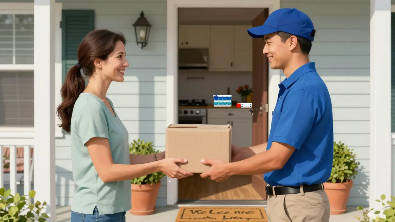 Homeowner receiving a discreet medication package from a courier at the door.