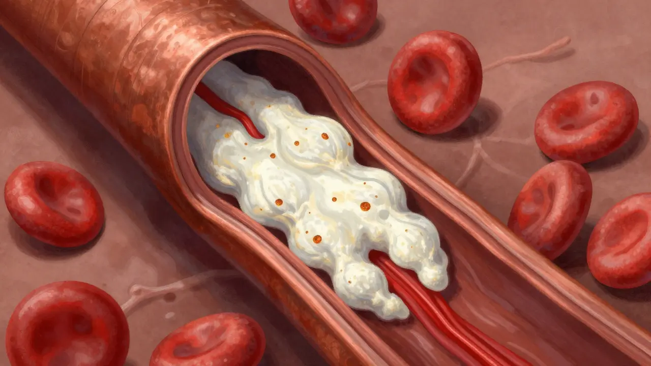 Illustration of calcified plaque buildup inside an artery pipe