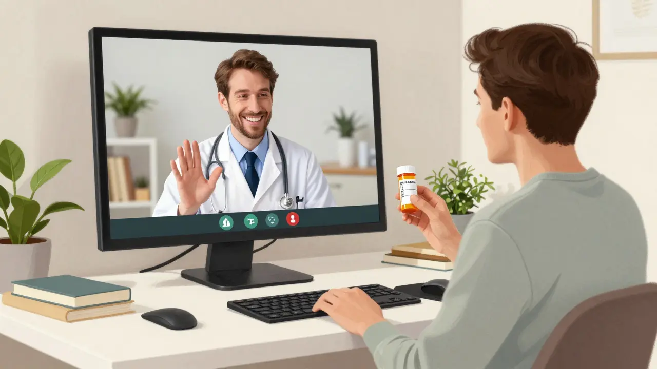 Patient consulting doctor via video call about pills