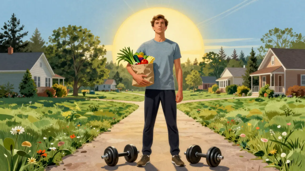 Person embracing healthy lifestyle with food and exercise for long term