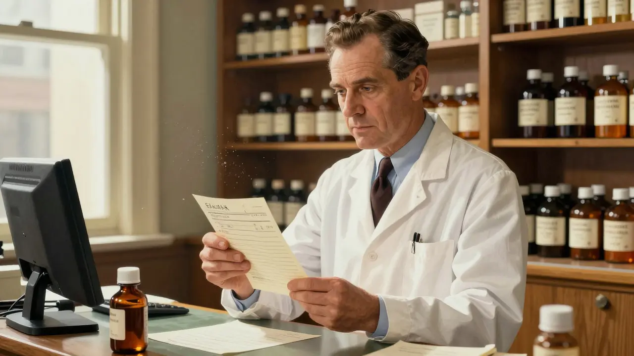 Pharmacist checking prescription details