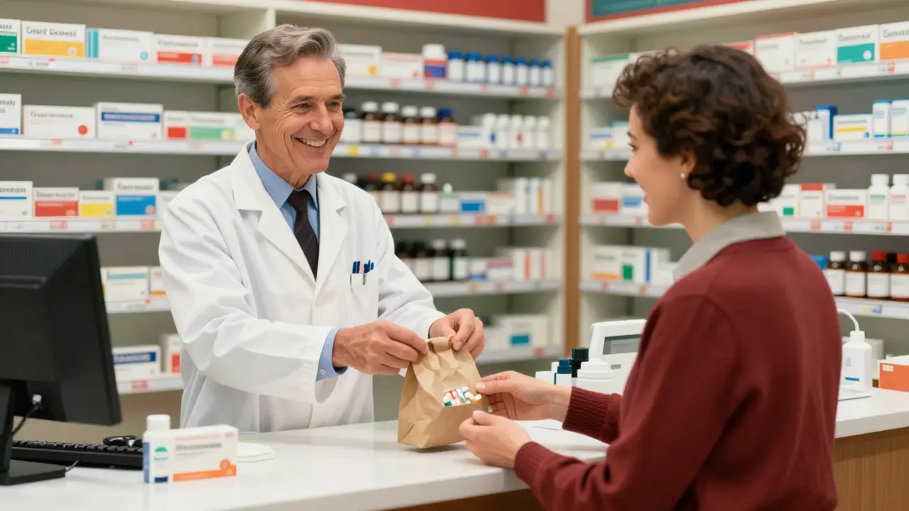 Pharmacist handing medication to a happy customer in a warm, trustworthy setting