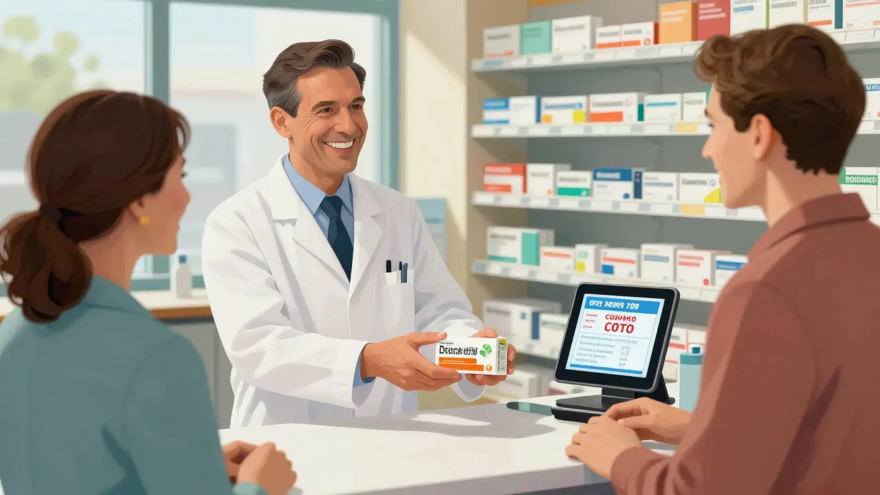 Pharmacist handing medication to customer with coupon
