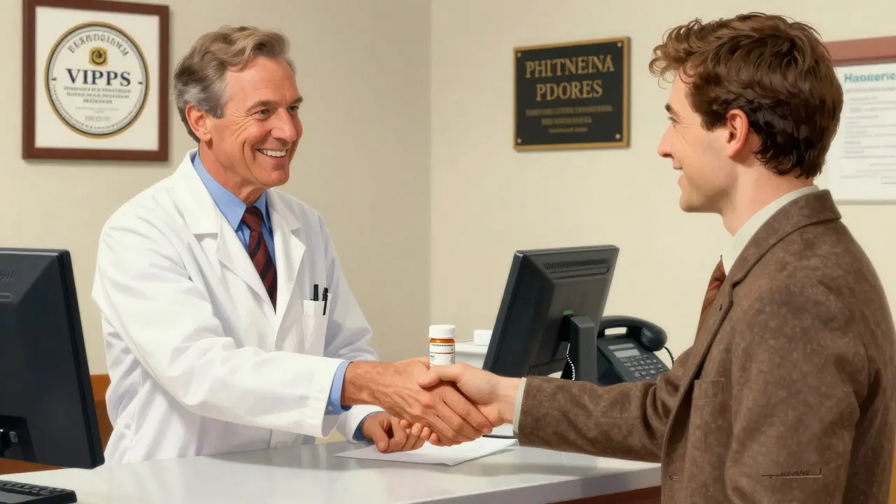 Pharmacist handing prescription to customer in safe setting