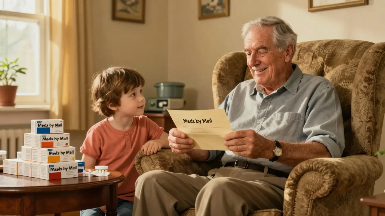 Smiling veteran at home with mail-order medications, enjoying convenience and savings.