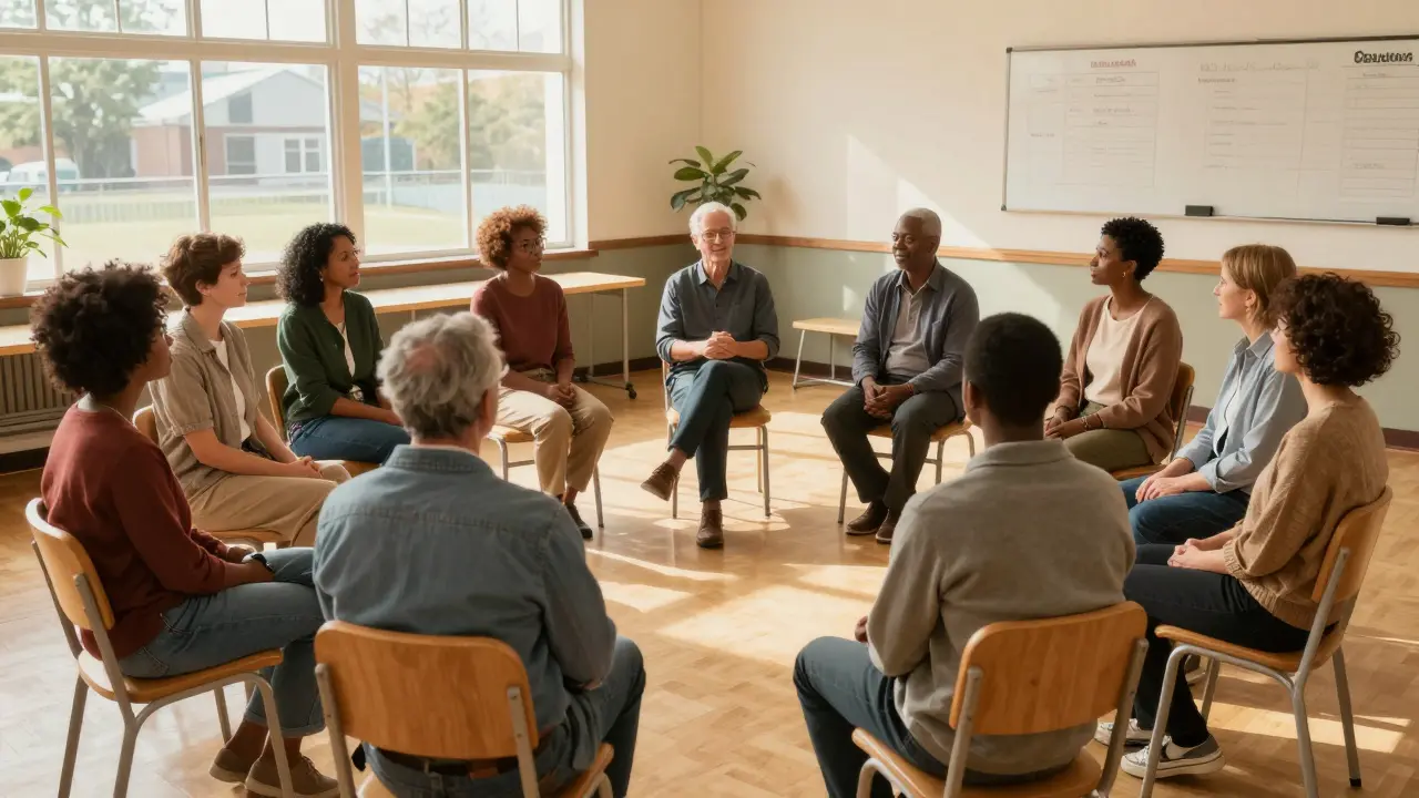 Support group members sharing stories in a circle
