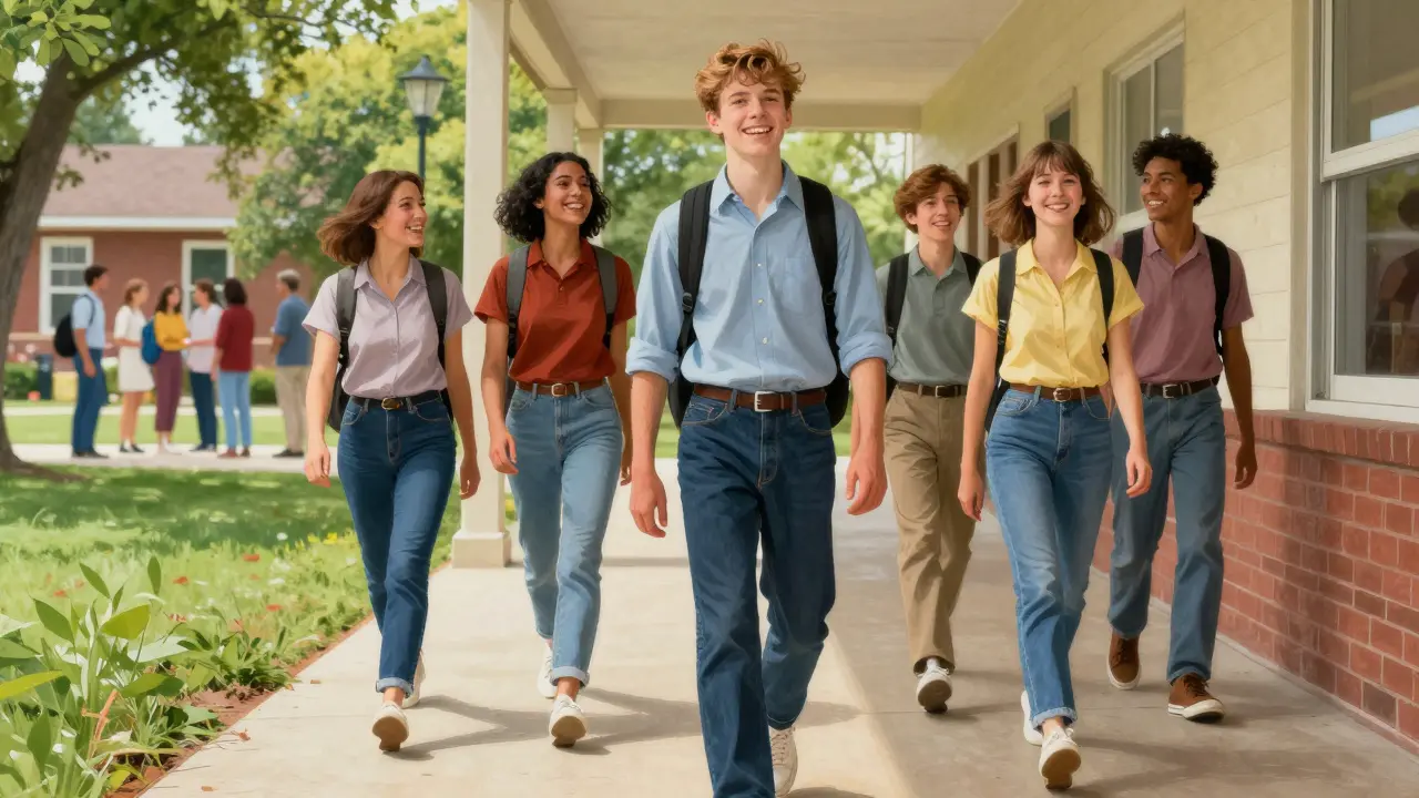 Teenager smiling and walking with friends, symbolizing mental health recovery.