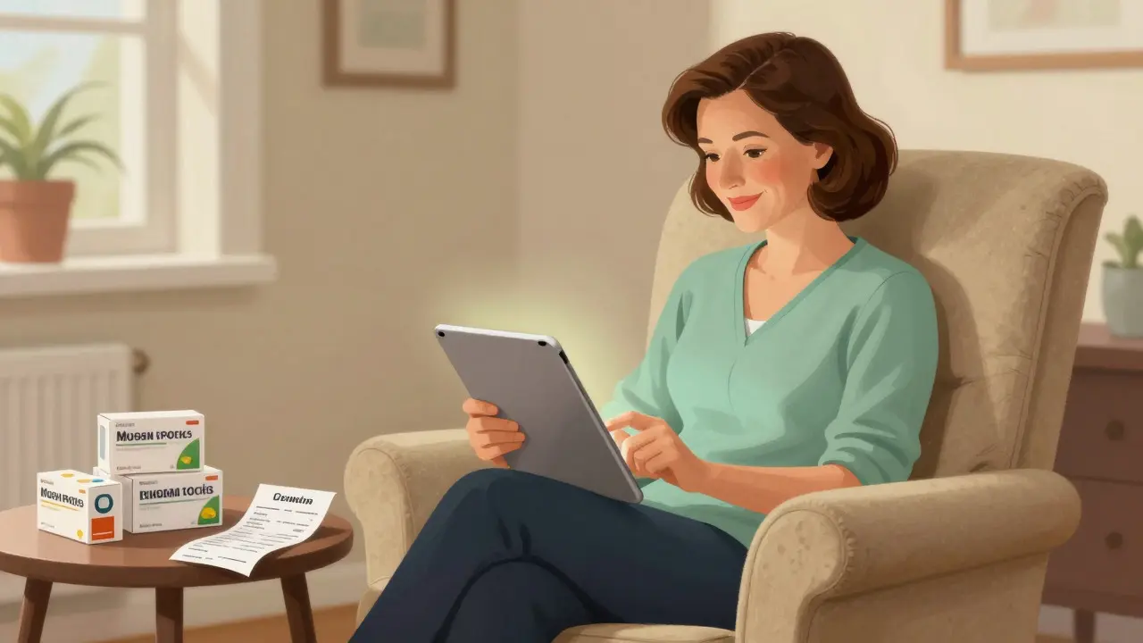 Woman smiling while ordering meds online on tablet