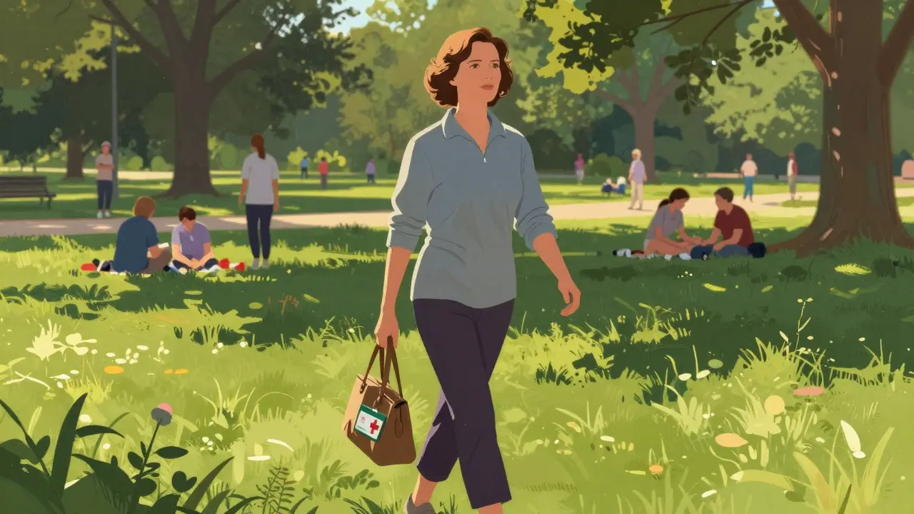 A woman takes a confident walk in a sunny park, symbolizing recovery