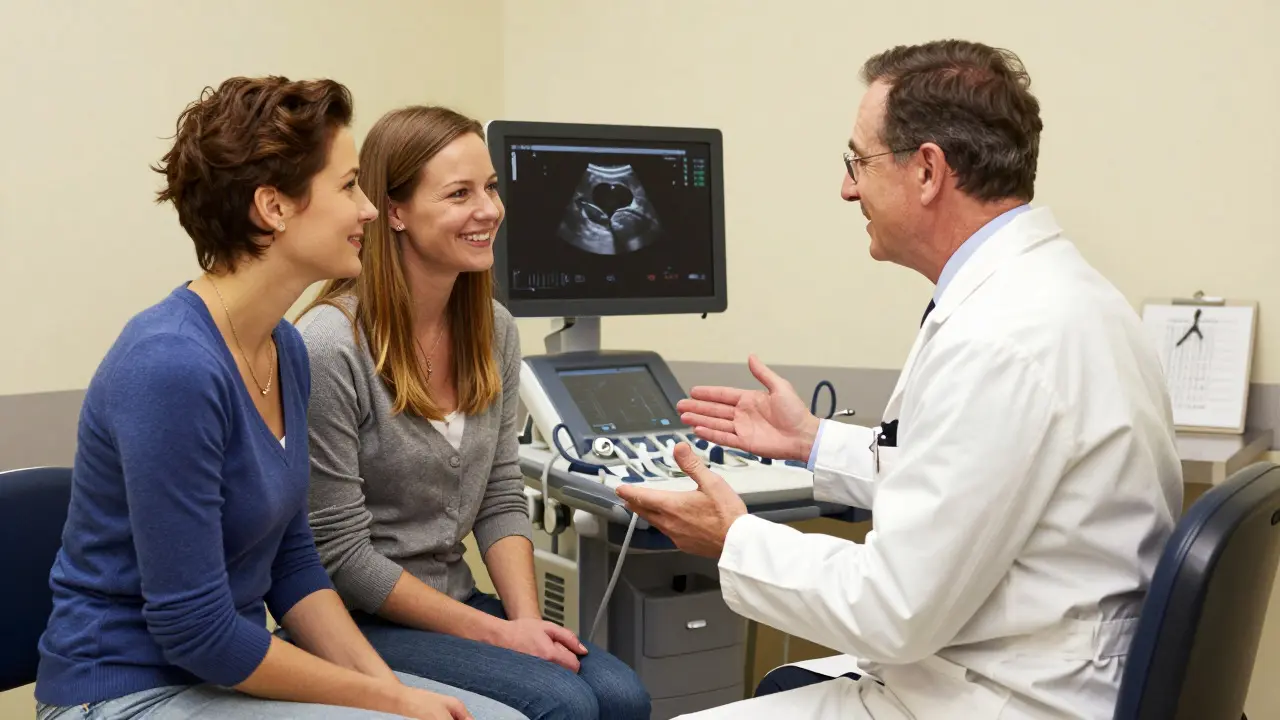 Doctor discussing positive ultrasound results with a relieved couple