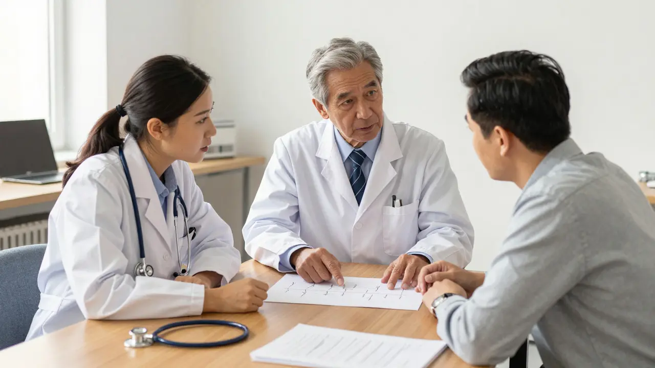 Doctors and a patient discuss a treatment plan in a bright office setting