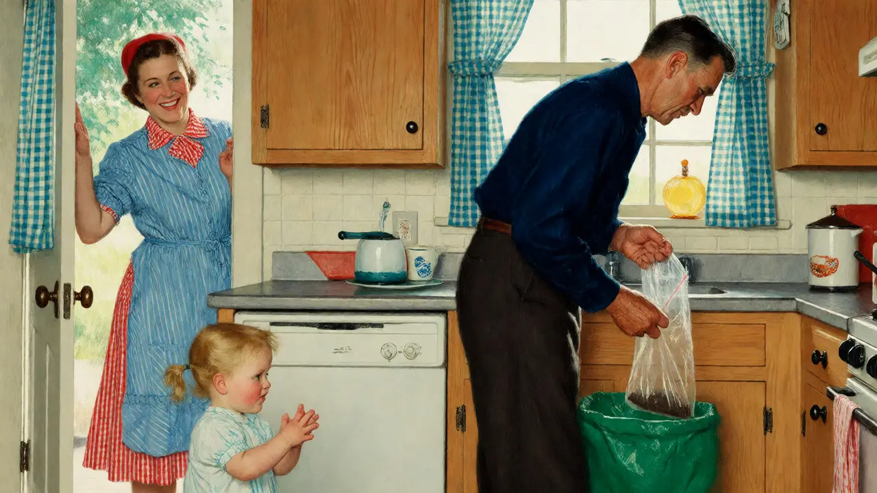 Father sealing old pills in bag with coffee grounds for disposal