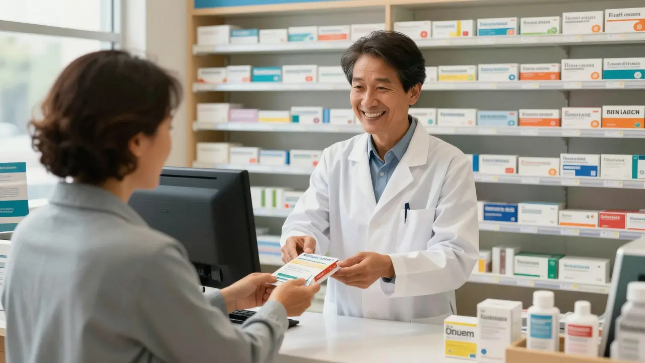 Friendly pharmacist handing medication to customer