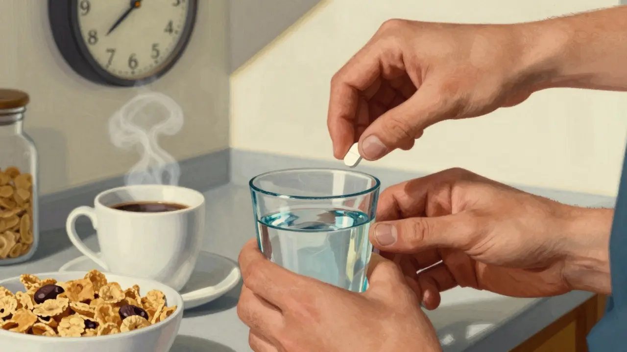 Hand taking a pill with water while coffee and cereal sit untouched on counter