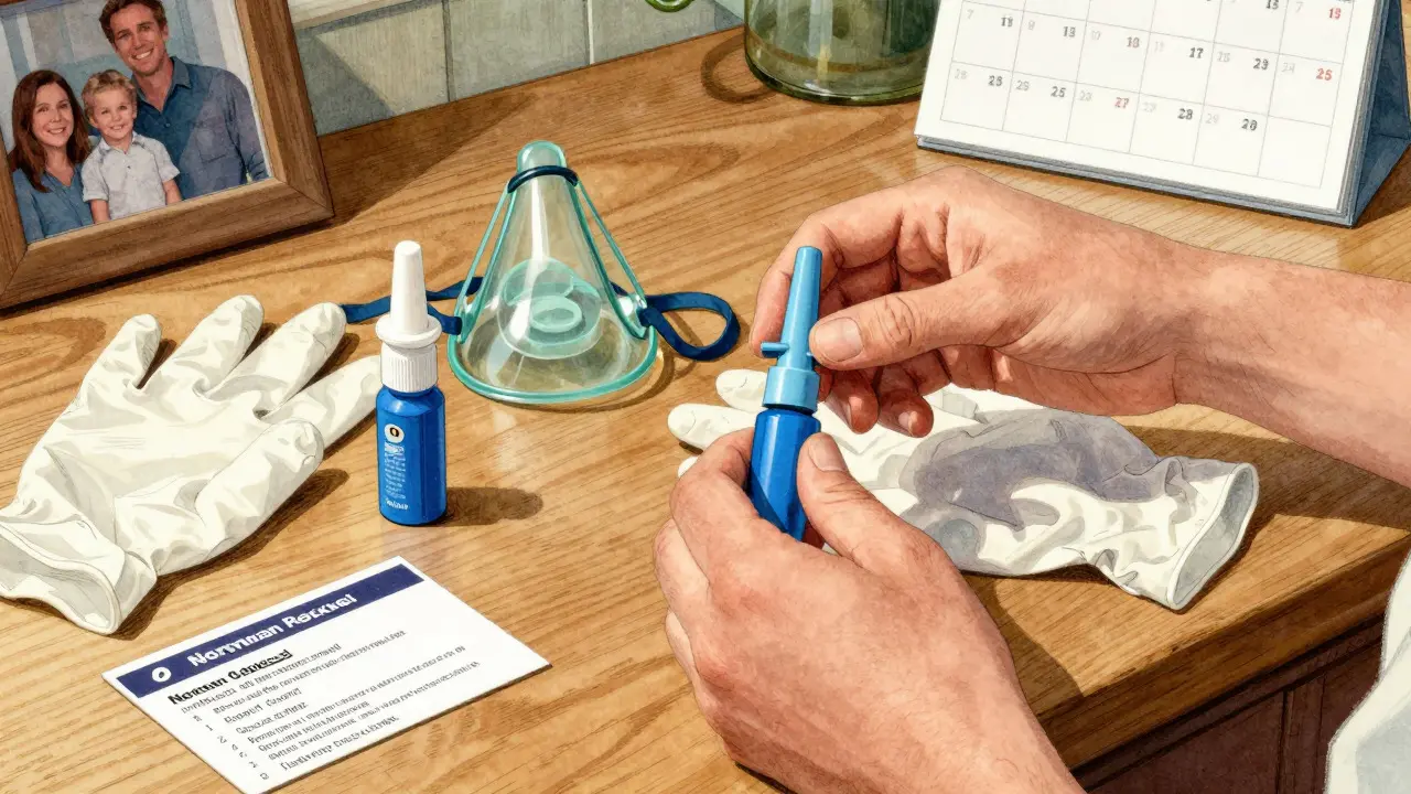 Hands organizing naloxone nasal sprays and rescue gear on a wooden table