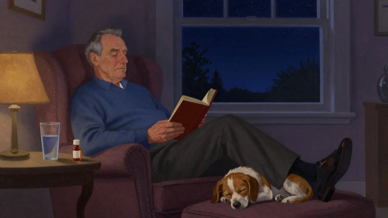 Man relaxing in armchair at night with water and pill bottle nearby