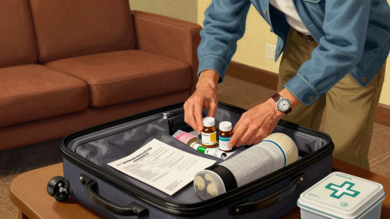 Packing carry-on with extra medication and compression socks