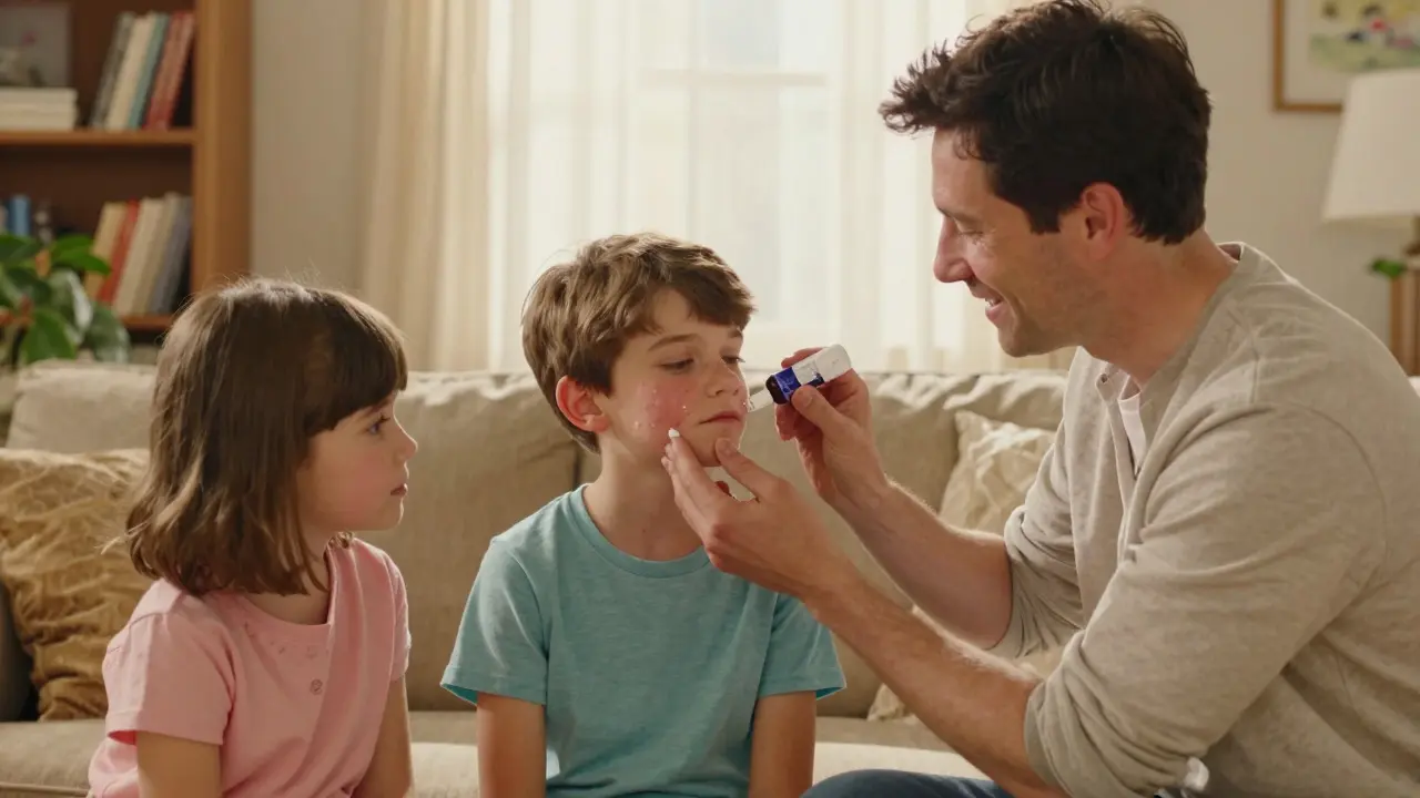 Parent applying topical gel to child's face in living room