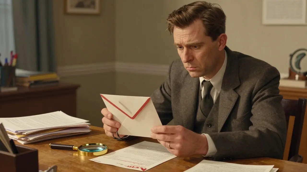 Person inspecting mail with magnifying glass for scams