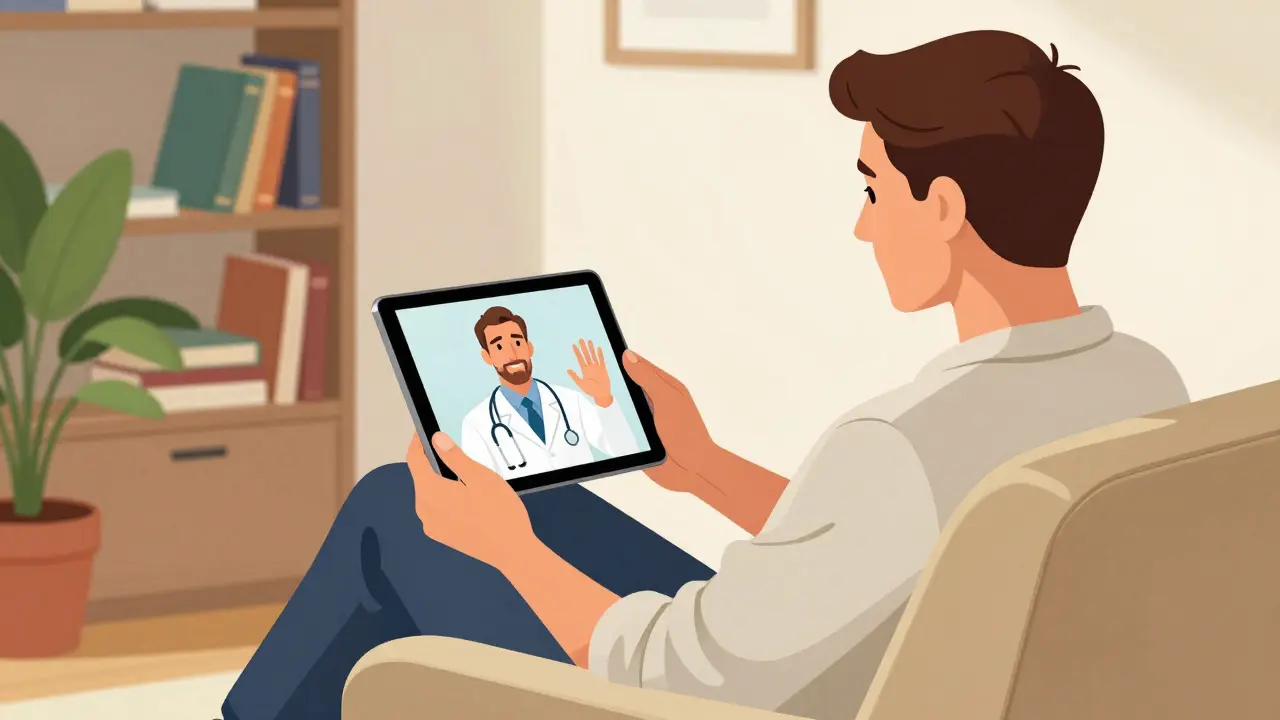 Person using a tablet for a video doctor consultation in a cozy living room
