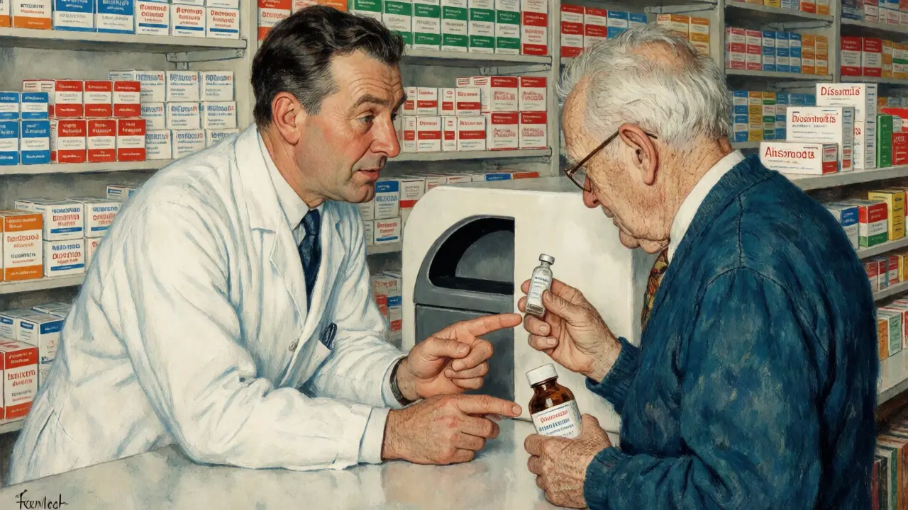 Pharmacist advising customer on safe medication disposal in UK shop