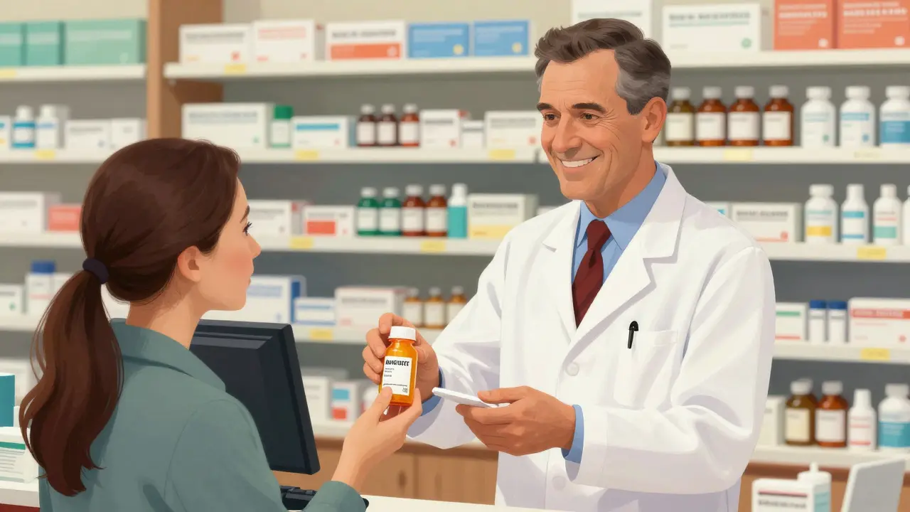 Pharmacist handing a prescription to a satisfied customer