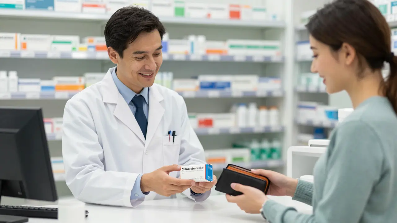 Pharmacist handing generic antibiotic box to satisfied customer