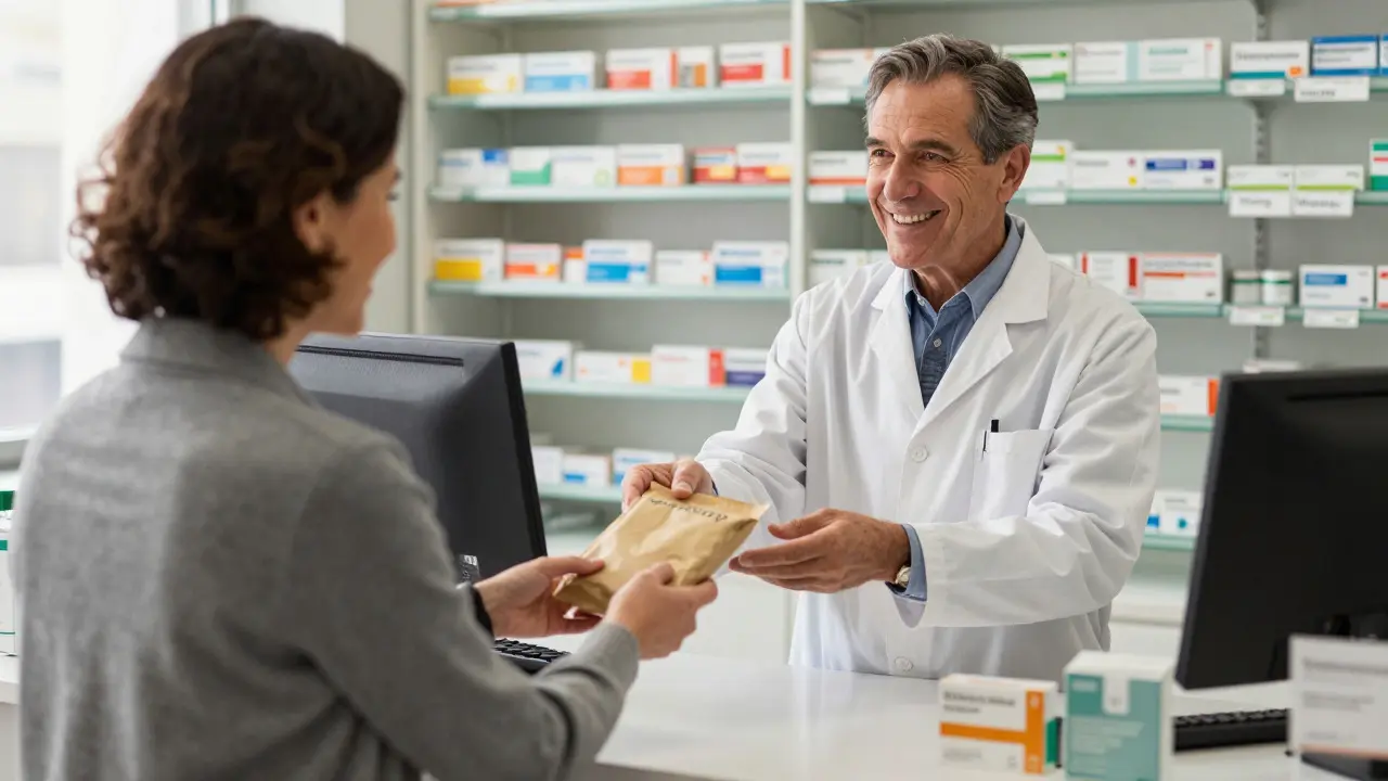 Pharmacist handing medication package to a customer